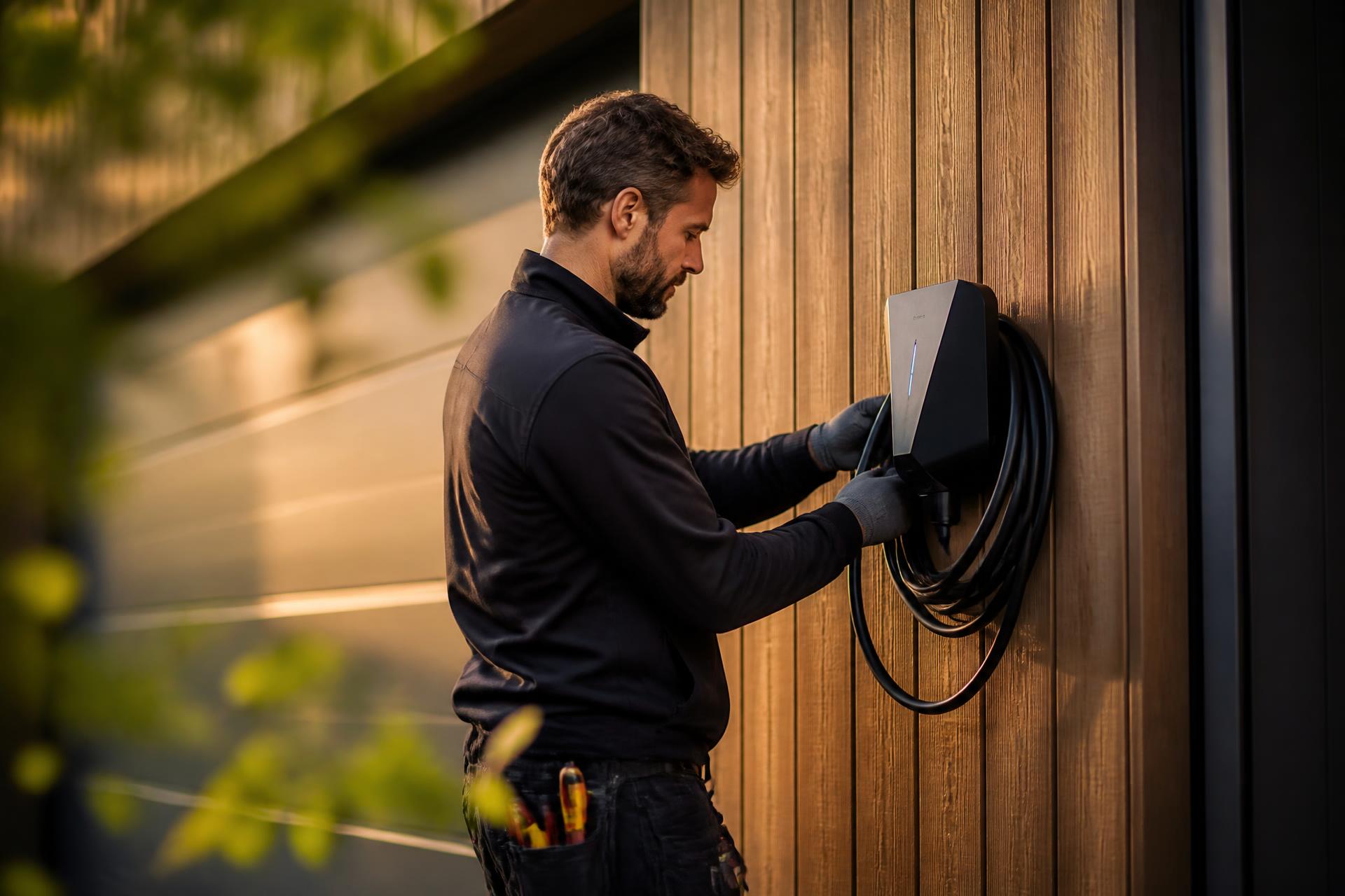 Certifierad elektriker installerar laddbox på trähus